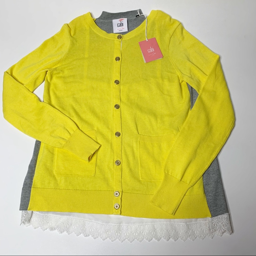 Cabi Belle Cardigan Yellow Grey 3010 Layered lace